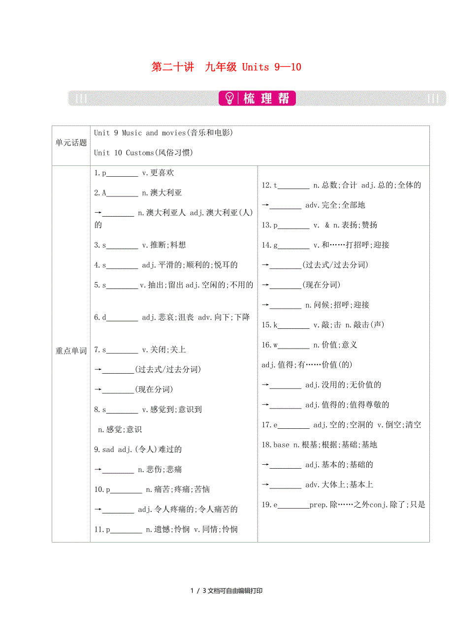 安徽省中考英语总复习第一部分考点知识过关第二十讲九全Units910梳理新版人教新目标版_第1页