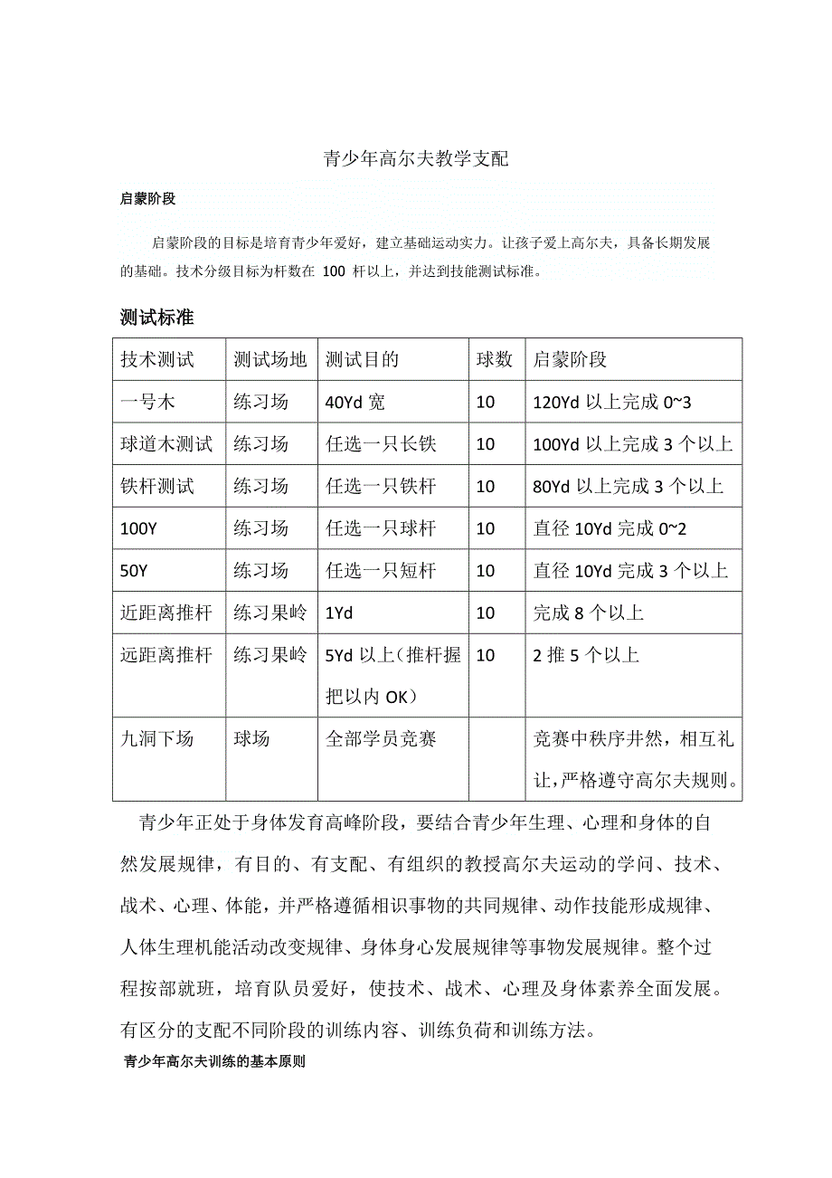 青少年高尔夫启蒙教学方案和测试标准_第1页