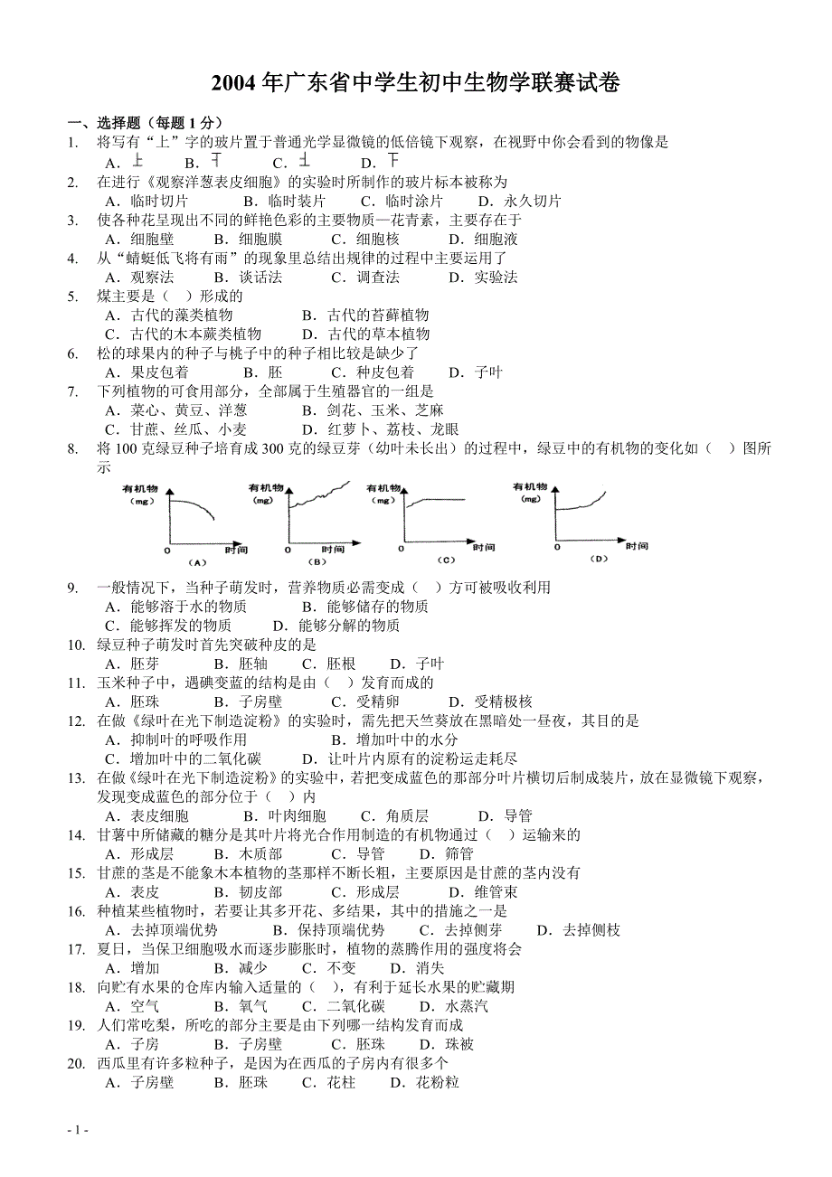 2004年广东省中学生初中生物学联赛试卷_第1页