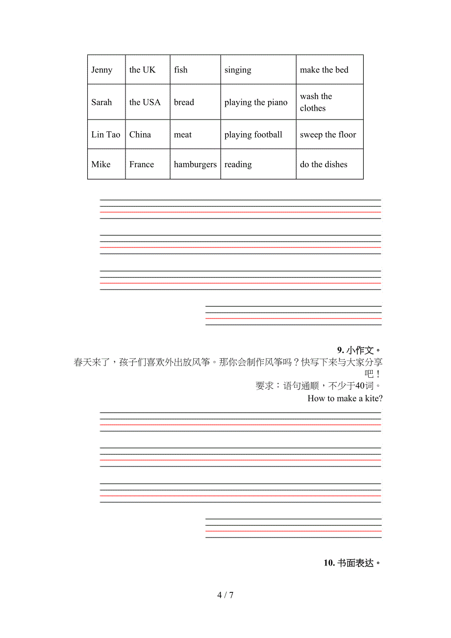 五年级人教版英语下册短文写作摸底专项练习题_第4页