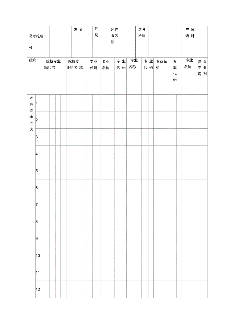 上海市普通高等学校招生本科普通批次考生志愿表空白_第1页