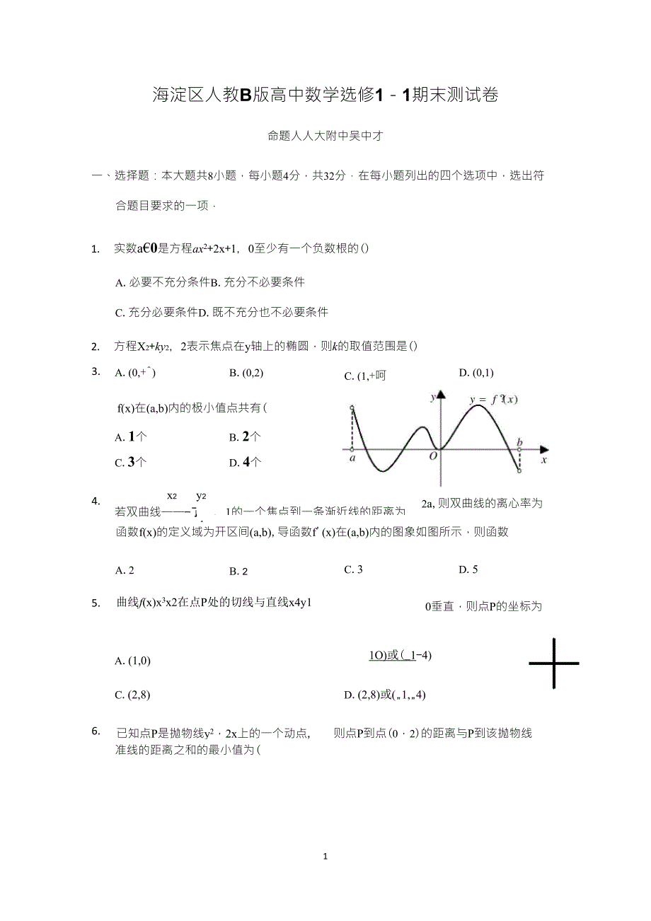 人教B版高中数学选修11期末测试卷_第1页