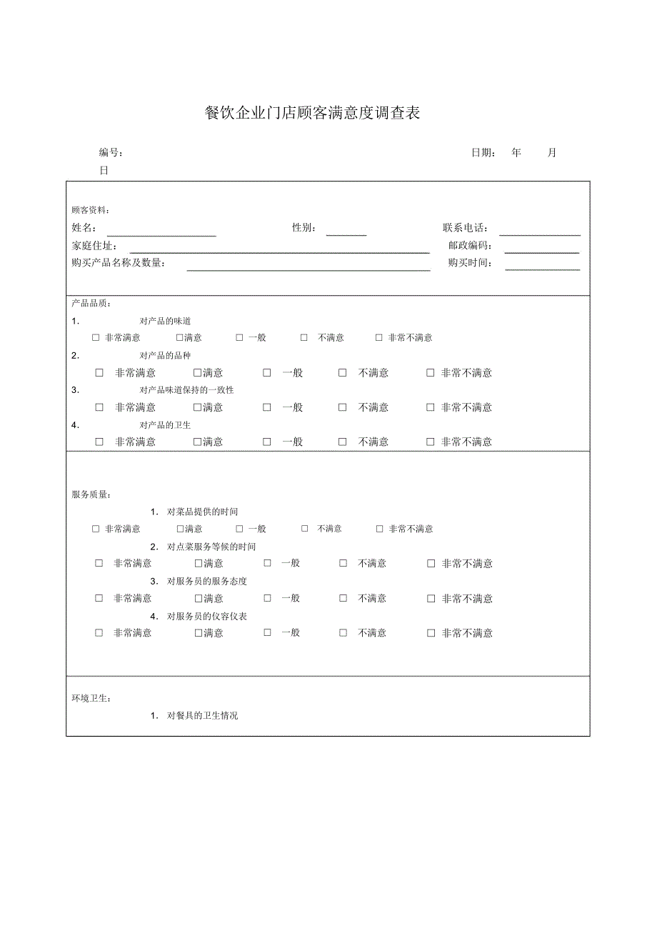 餐饮企业门店顾客满意度调查表_第1页