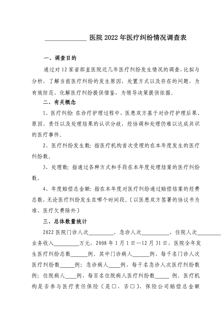 医院2022年医疗纠纷情况调查表_第1页