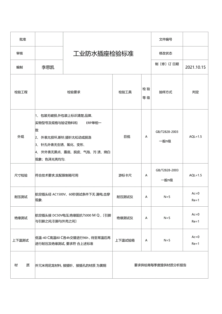 工业防水插头检验标准作业指导书_第1页