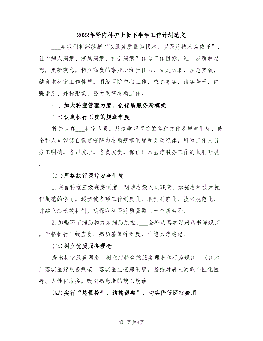 2022年肾内科护士长下半年工作计划范文_第1页