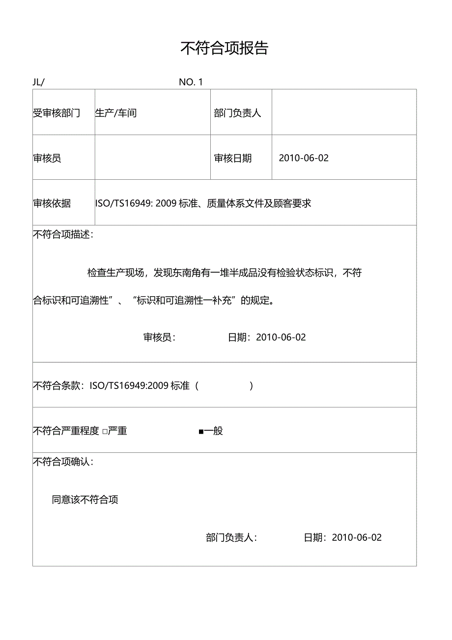 0内部审核不符合项报告3个不合格_第1页