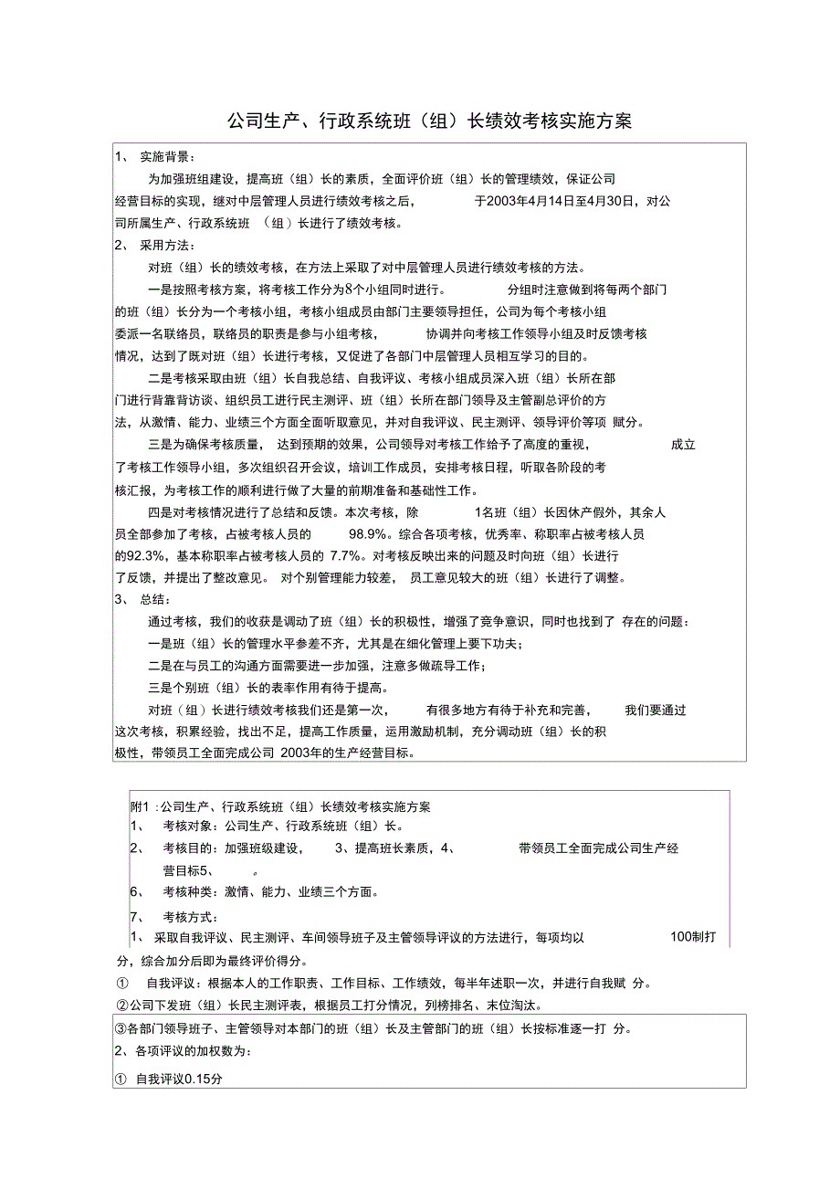 《公司生产、行政系统班组长绩效考核实施方案》_第1页