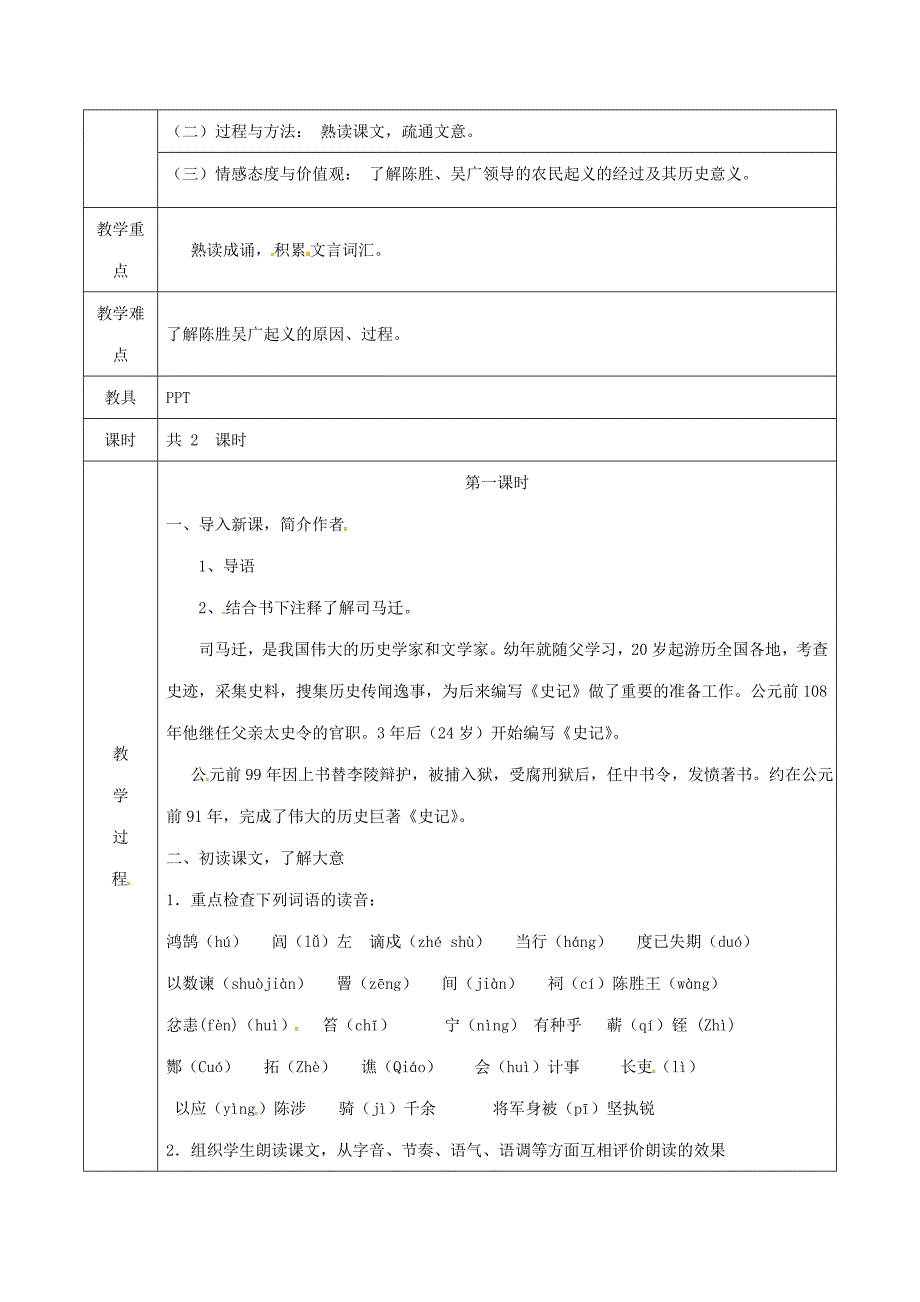 九年级语文上册 第六单元 第21课陈涉世家教案1 新版新人教版._第2页