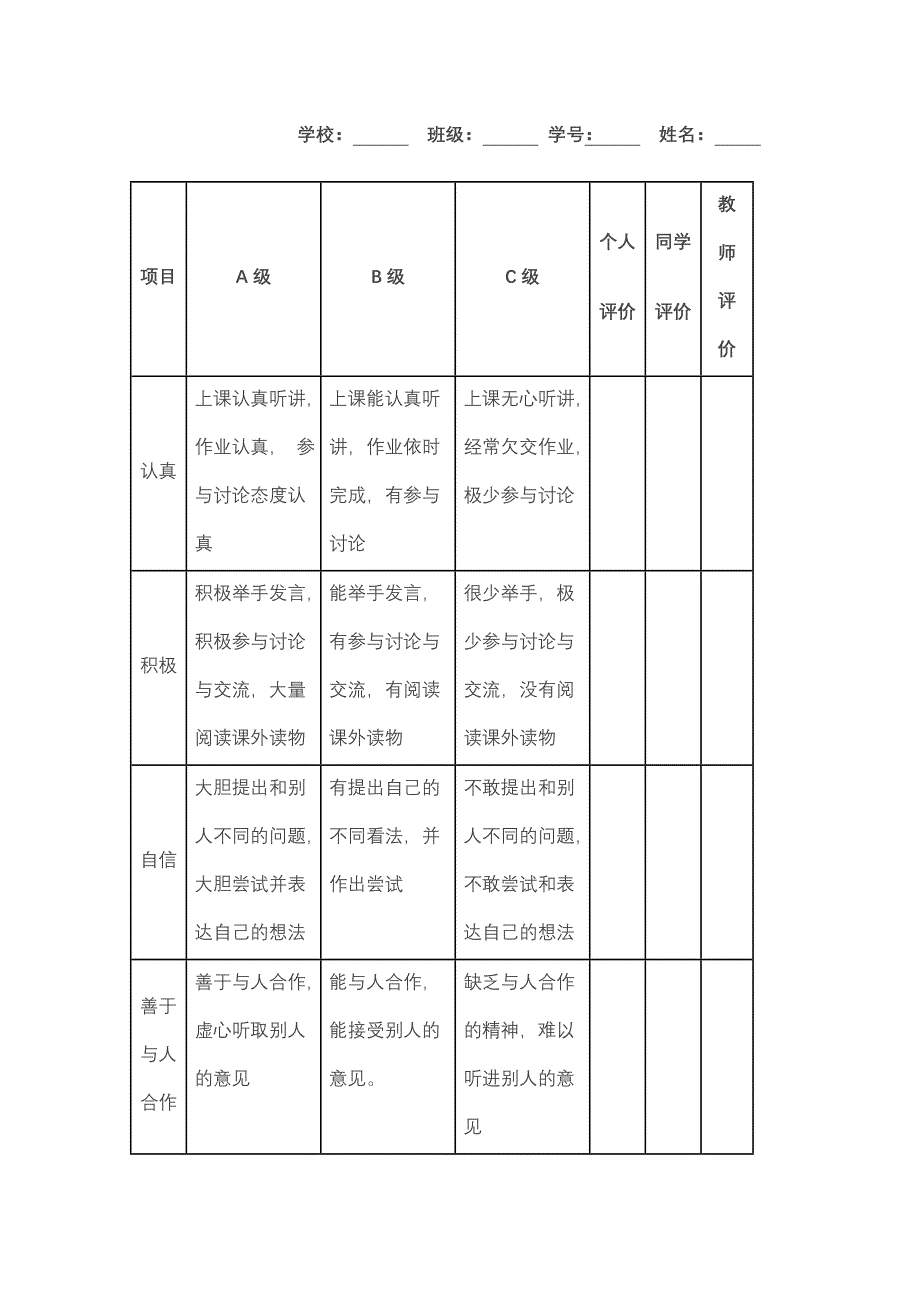 学生课堂学习情况评价表_第2页