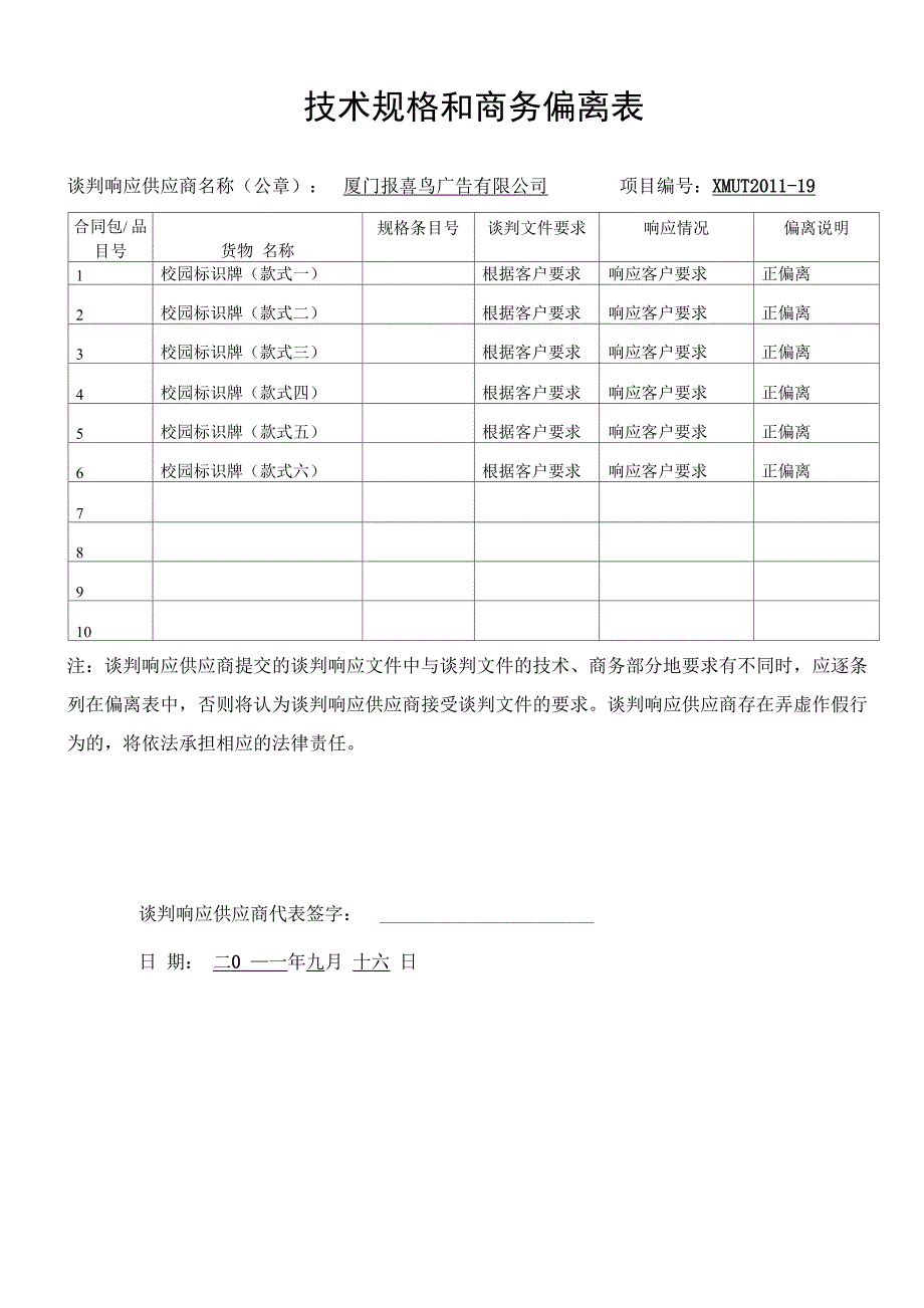 技术规格和商务偏离表_第1页