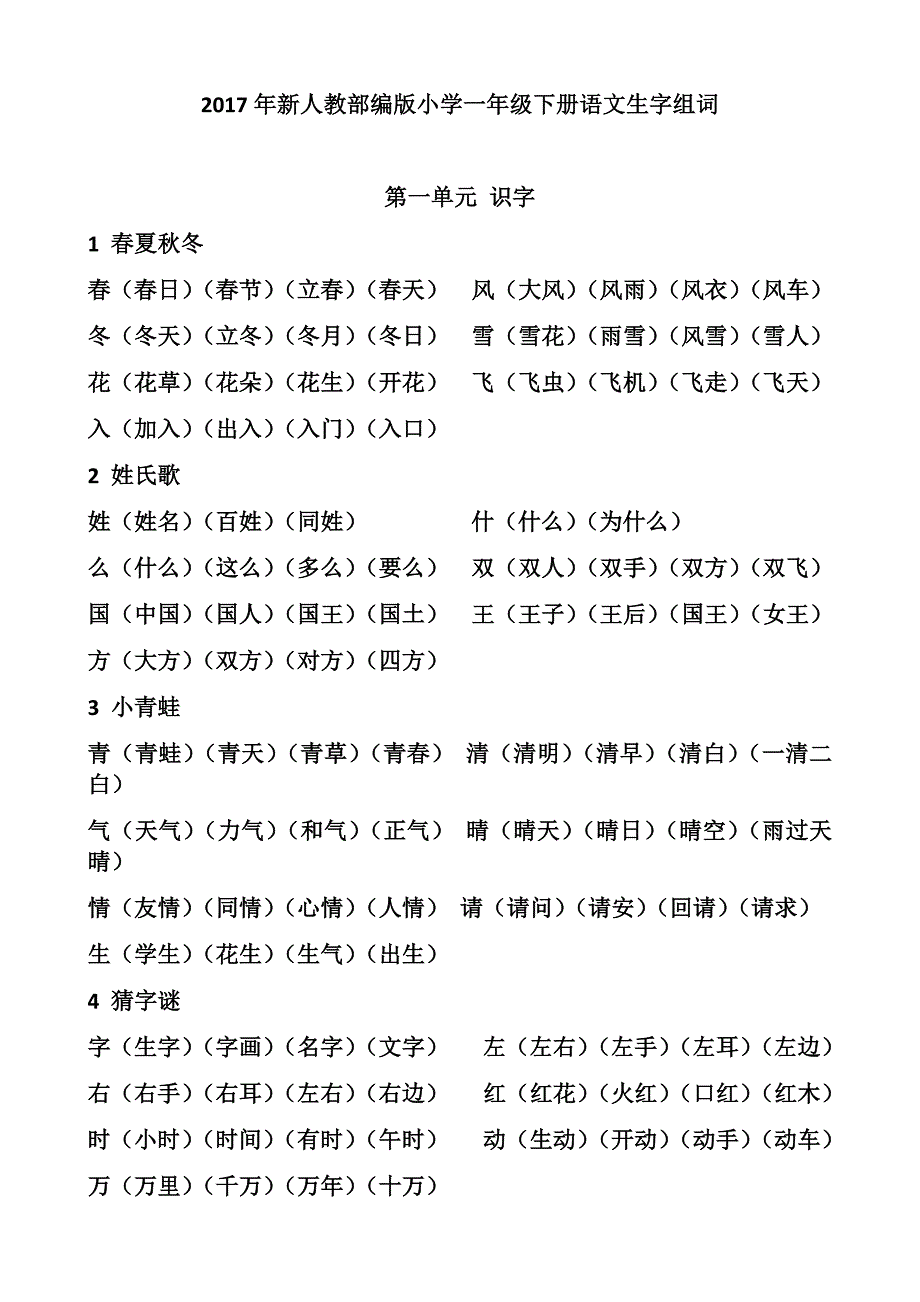 小学一年级下册语文生字组词_第1页