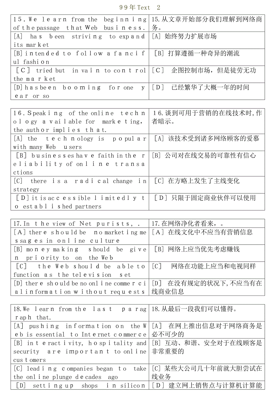 99年英语考研阅读问题和选项翻译_第2页