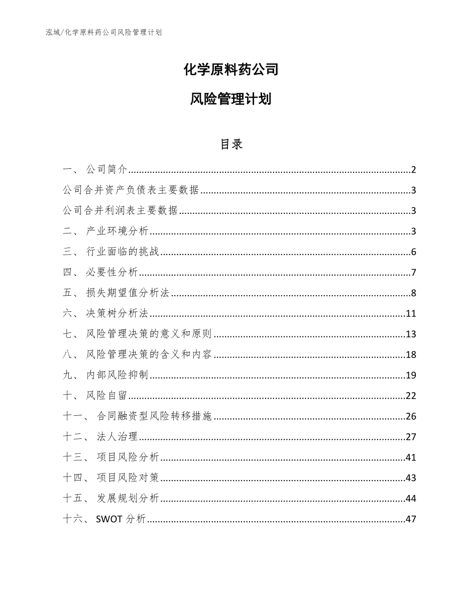 化学原料药公司风险管理计划_范文_第1页