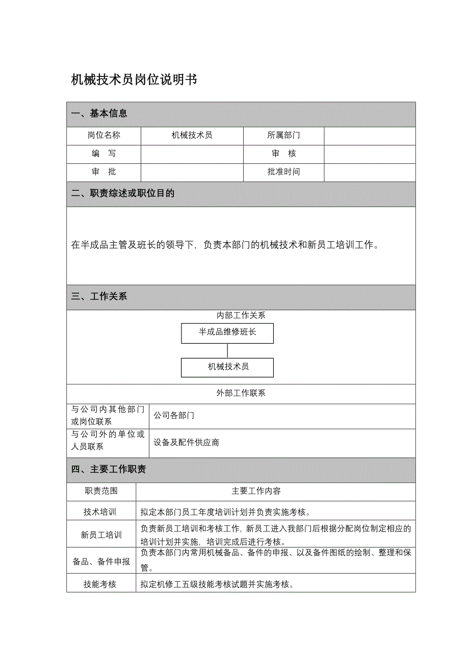 机械技术员岗位说明书_第1页