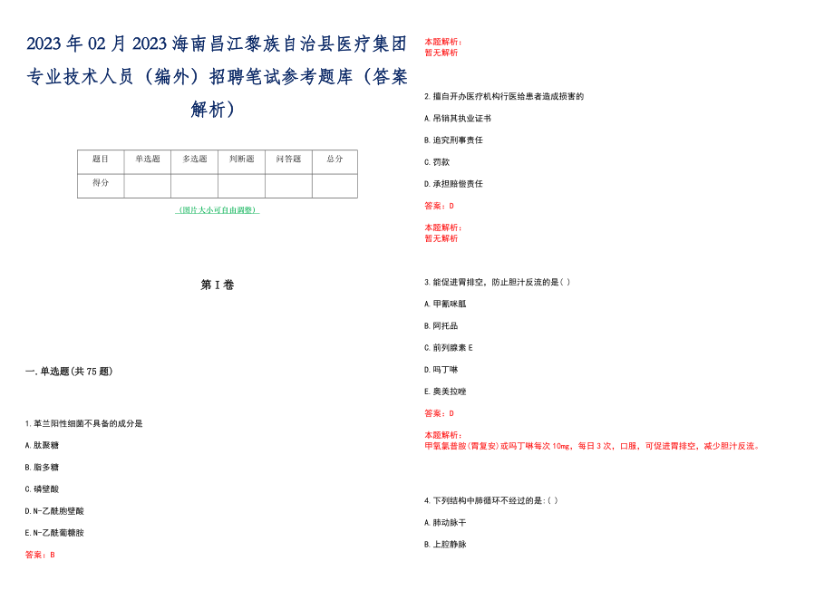 2023年02月2023海南昌江黎族自治县医疗集团专业技术人员（编外）招聘笔试参考题库（答案解析）_第1页