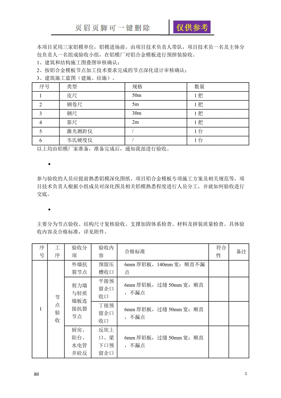 铝合金模板进场预验收方案文书荟萃_第1页