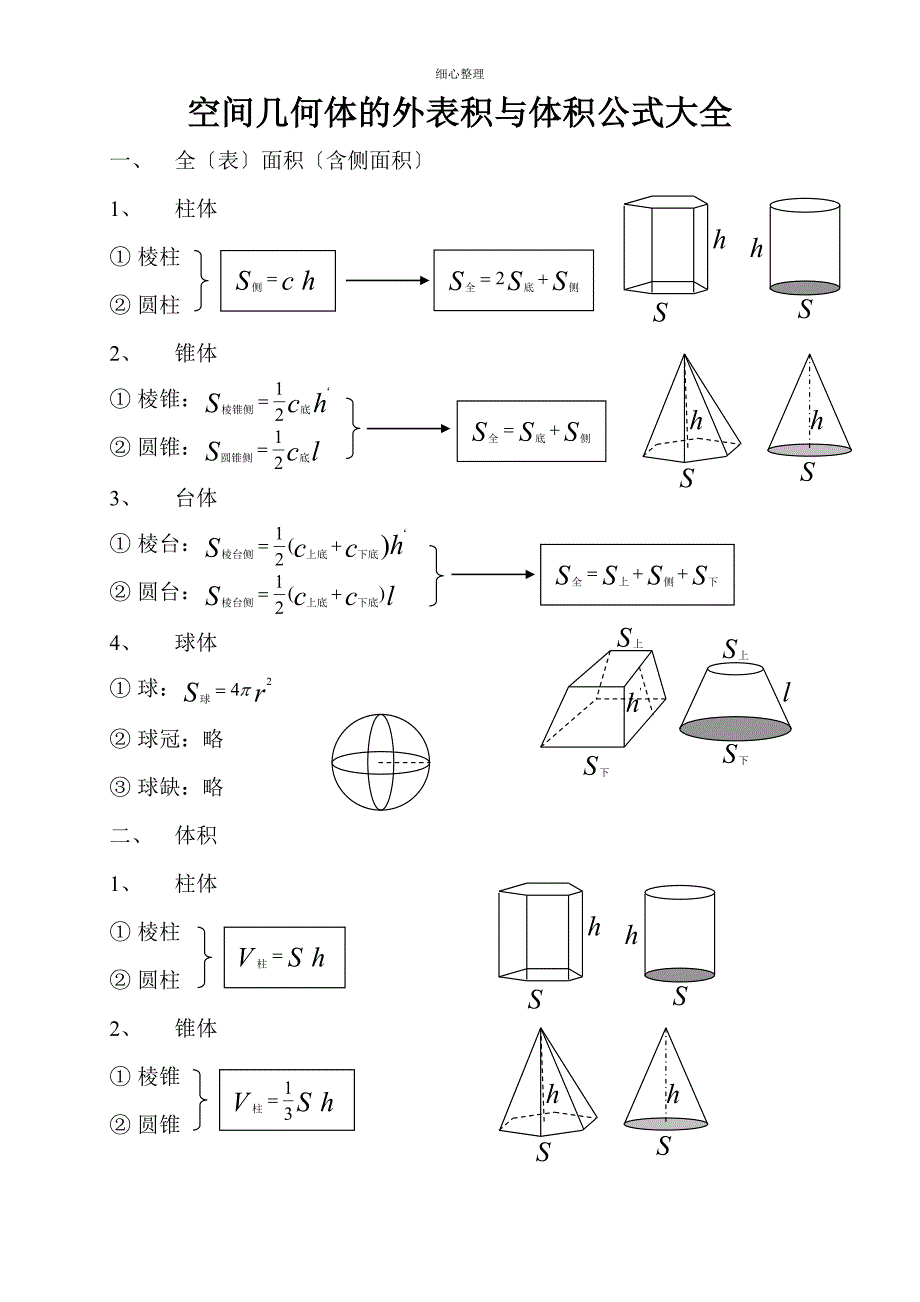 空间几何体表面积与体积公式大全_第1页