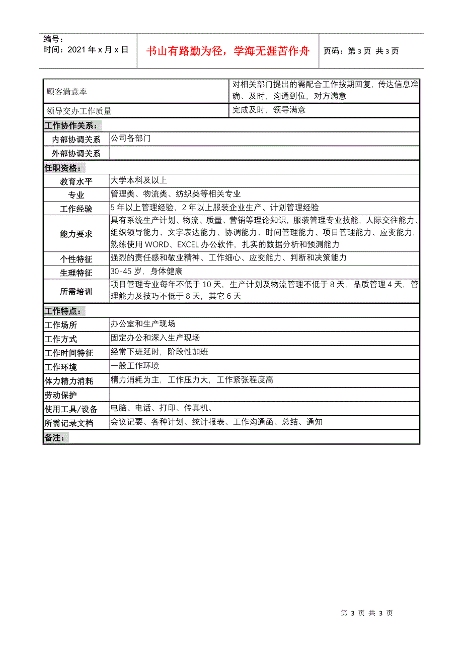 某服装生产企业计划经理职位说明书_第3页