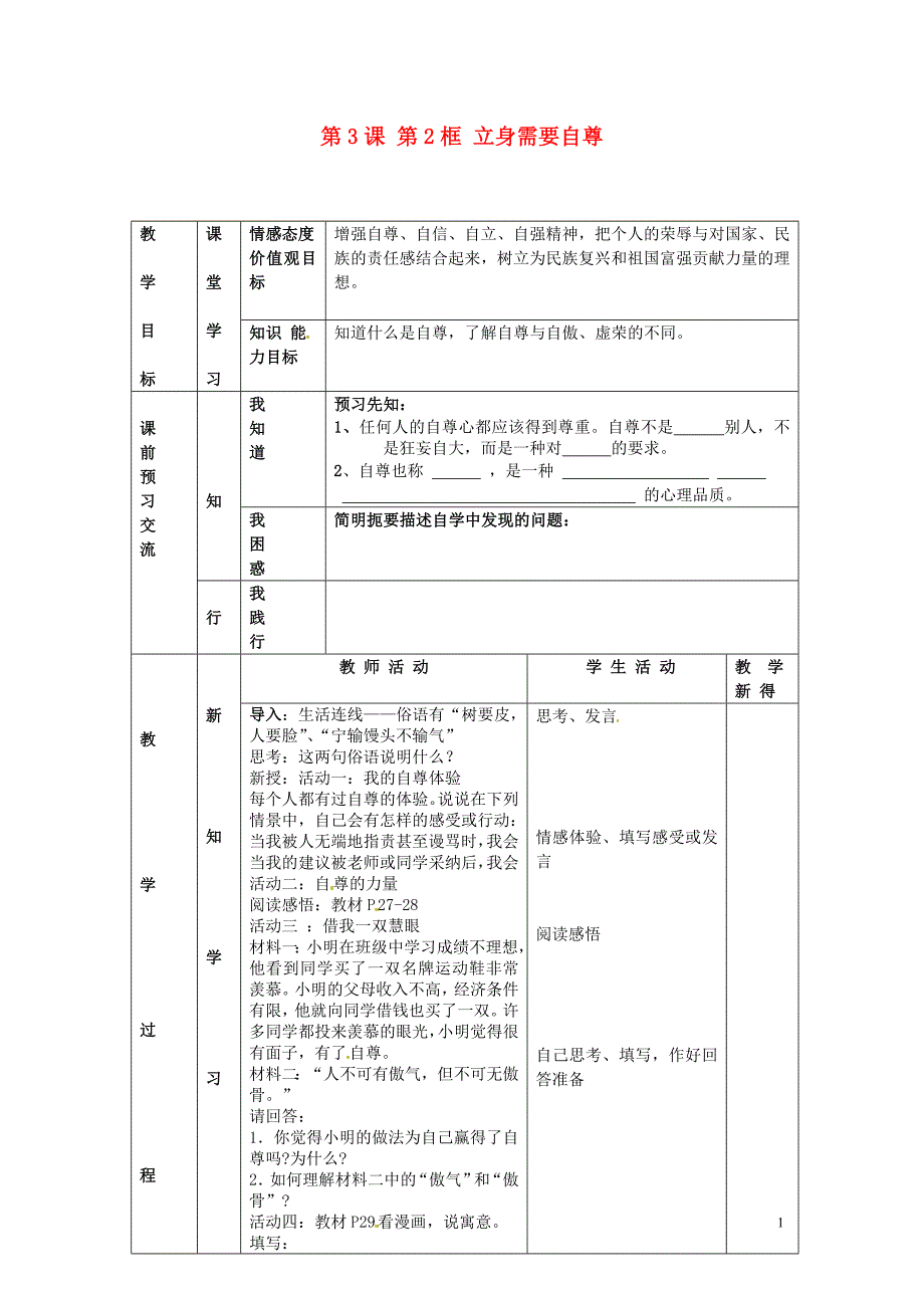 江苏省大丰市刘庄镇三圩初级中学七年级政治上册 第3课 第2框 立身需要自尊教案 苏教版_第1页