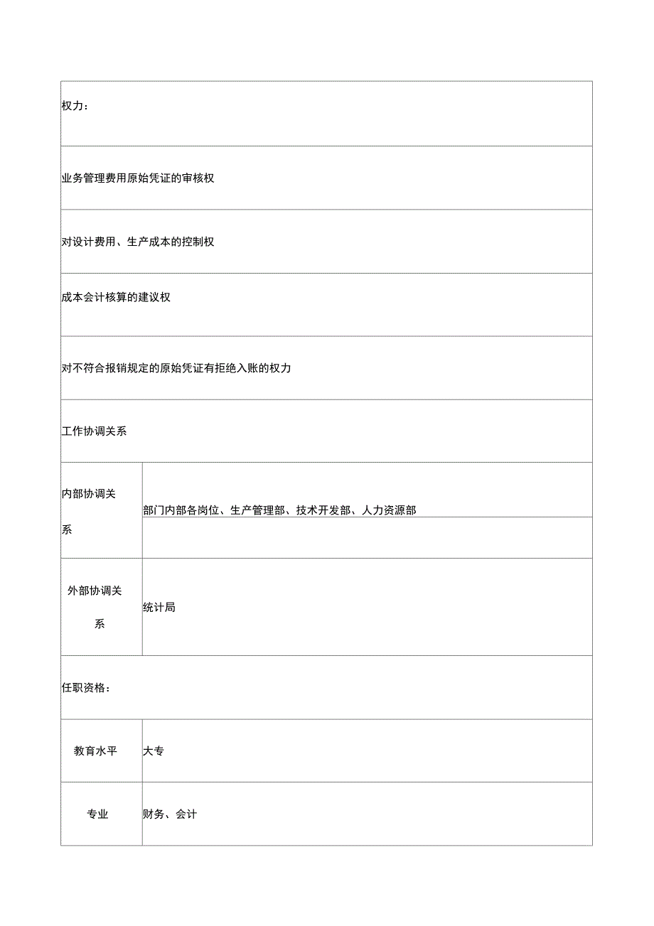 计划财务部成本核算员岗位说明书_第3页