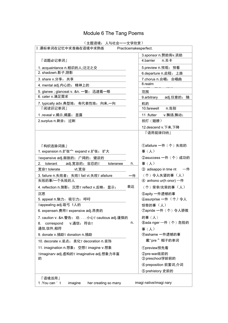 高三英语一轮复习Module6TheTangPoems预习案外研版选修8_第1页