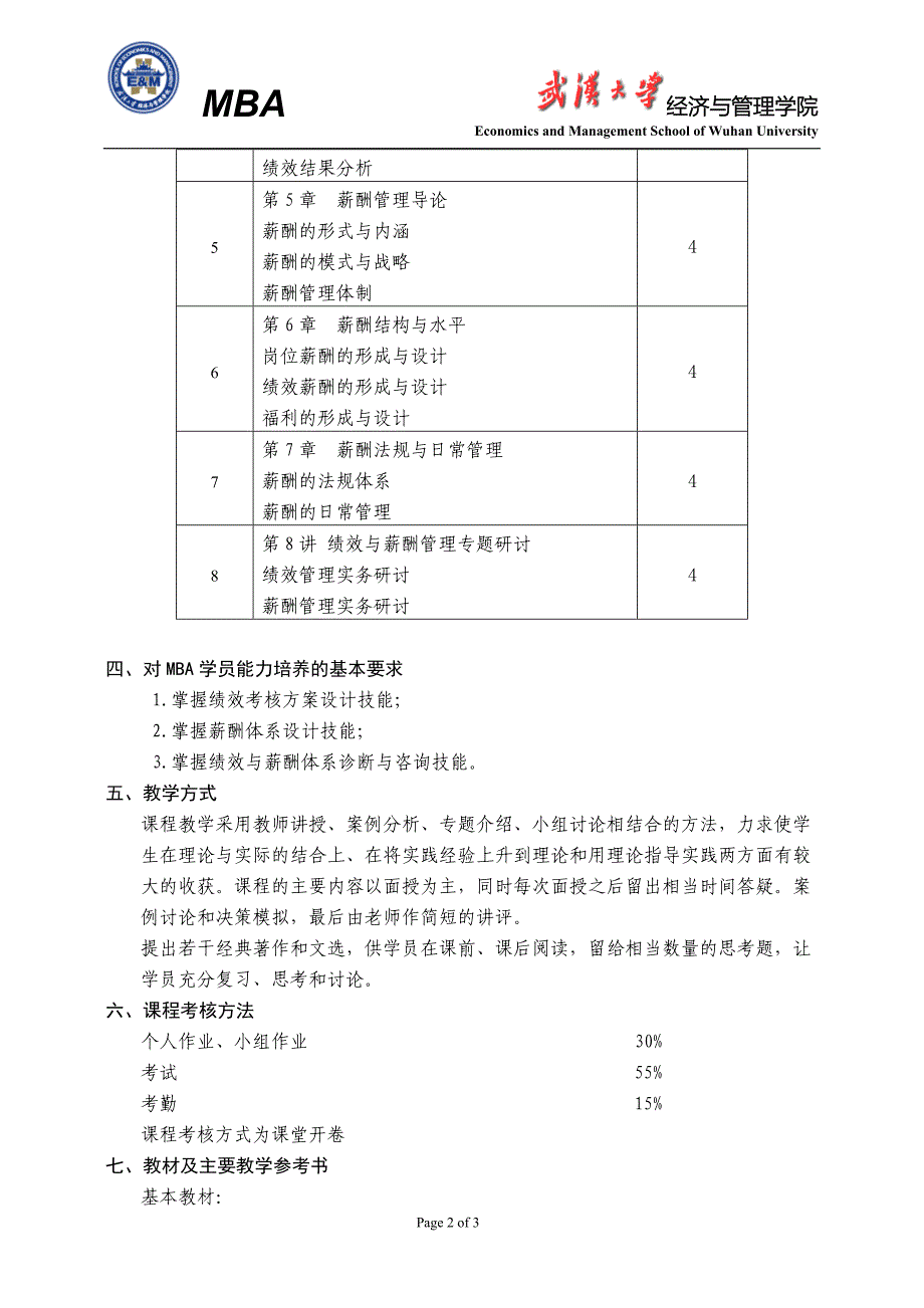 武汉大学MBA绩效与薪酬管理教学大纲_第2页