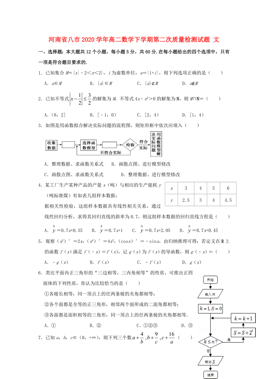 河南省八市高二数学下学期第二次质量检测试题文_第1页