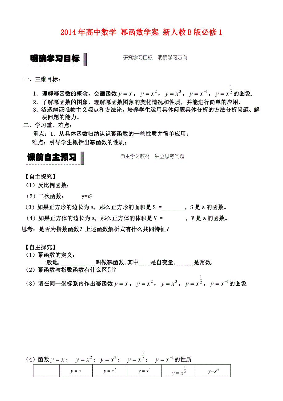 2014年高中数学 幂函数学案 新人教B版必修_第1页