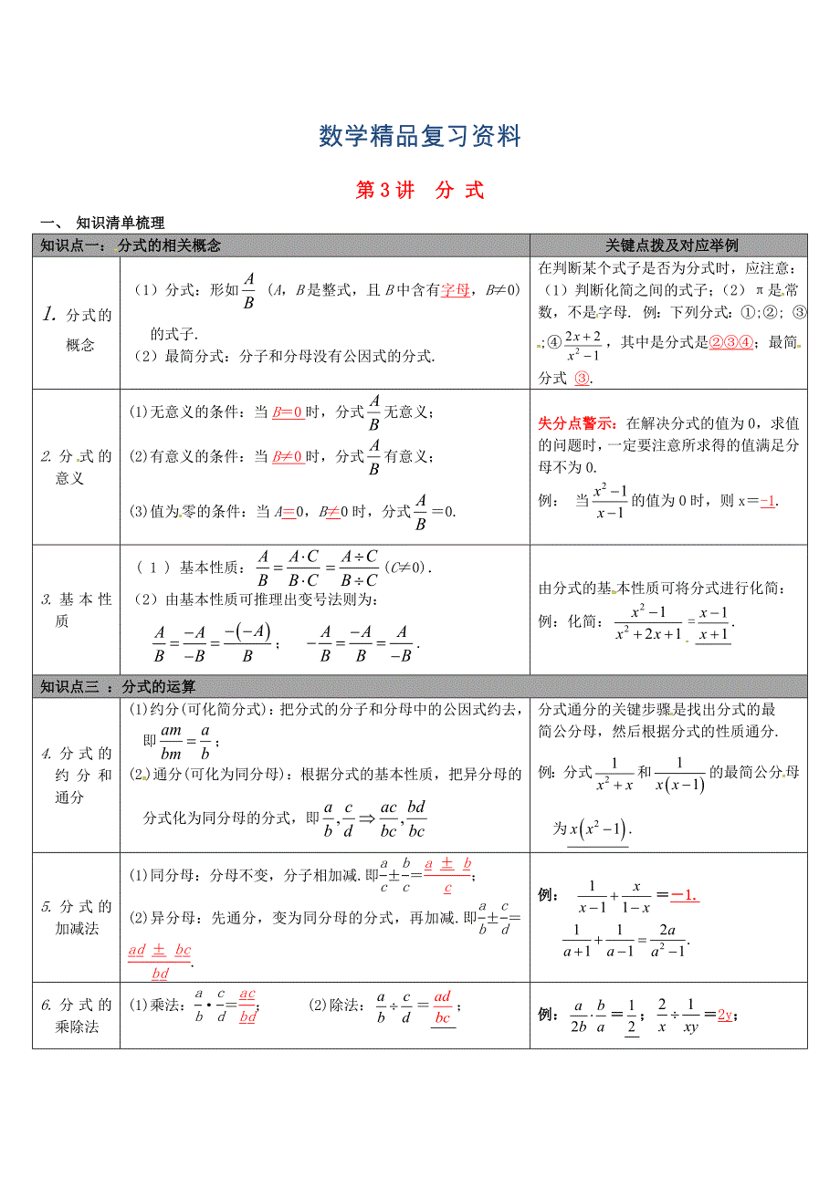 【冀教版】中考数学：知识清单梳理 第3讲分 式_第1页