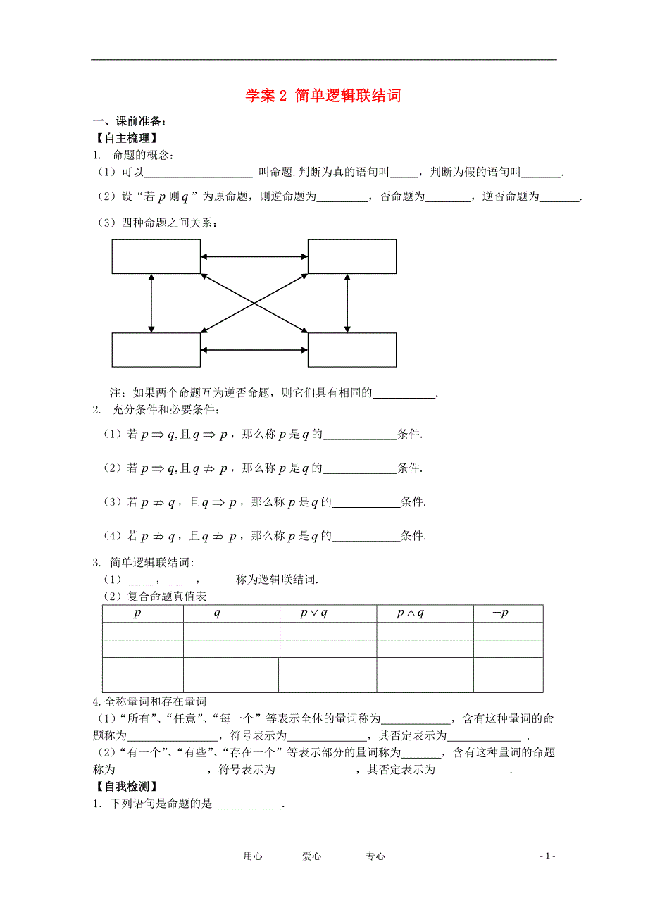 江苏高二数学复习学案练习2简单逻辑联结词文_第1页
