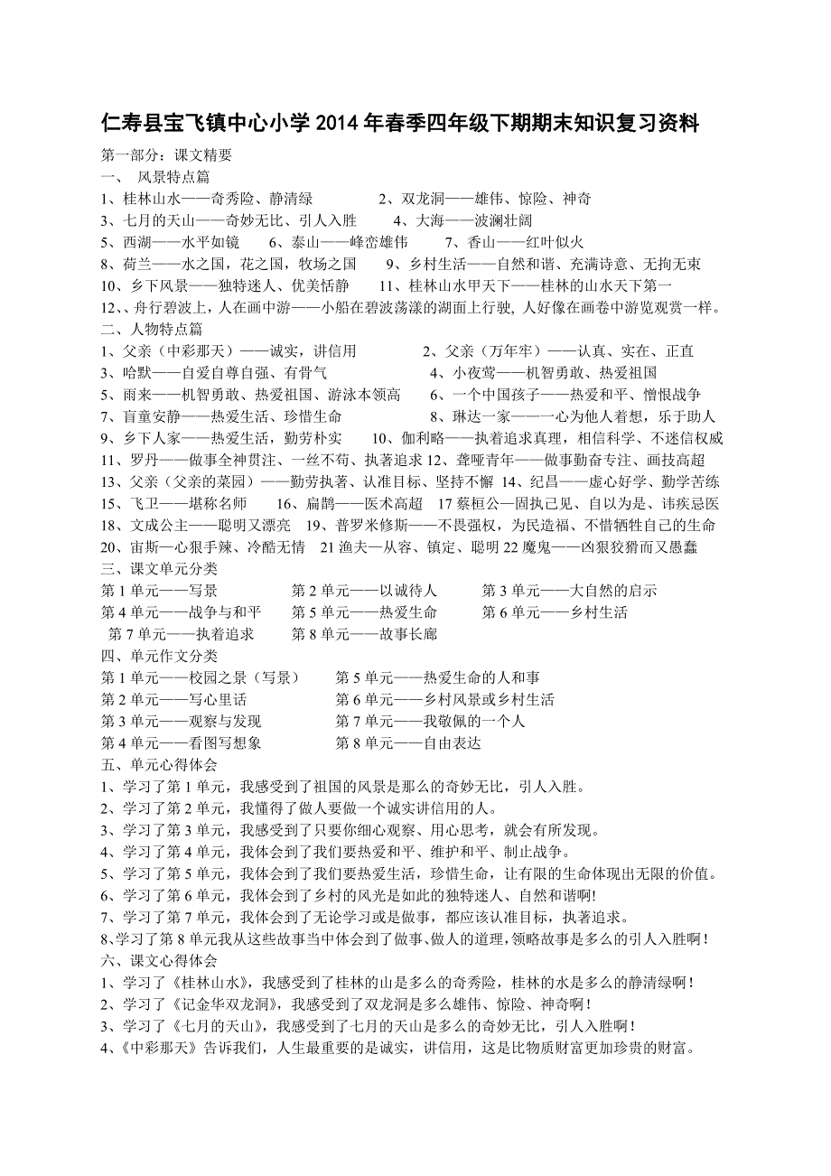 仁寿县宝飞镇中心小学2014年春季四年级下期期末知识复习资料.doc_第1页