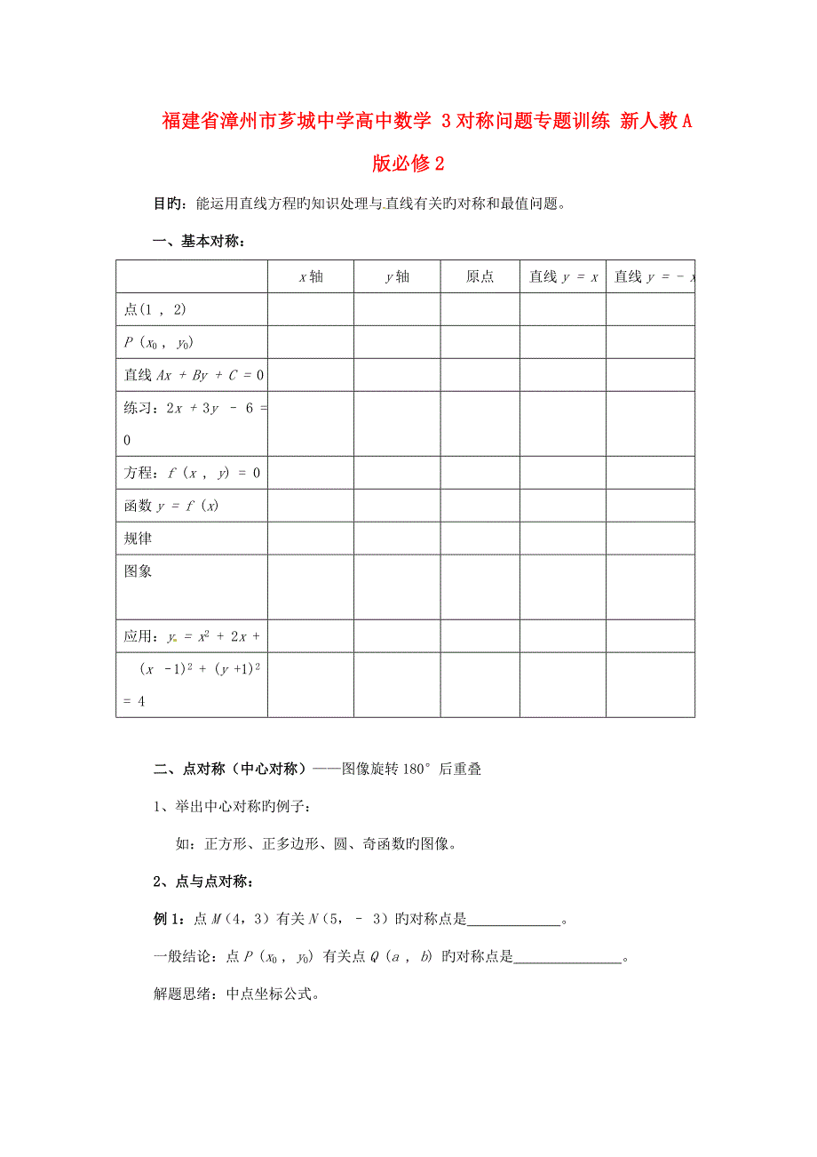 福建省漳州市芗城中学高中数学对称问题专题训练新人教版必修_第1页