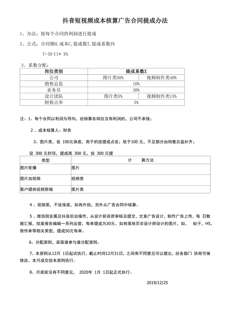 短视频作成本核算广告合同提成办法_第1页