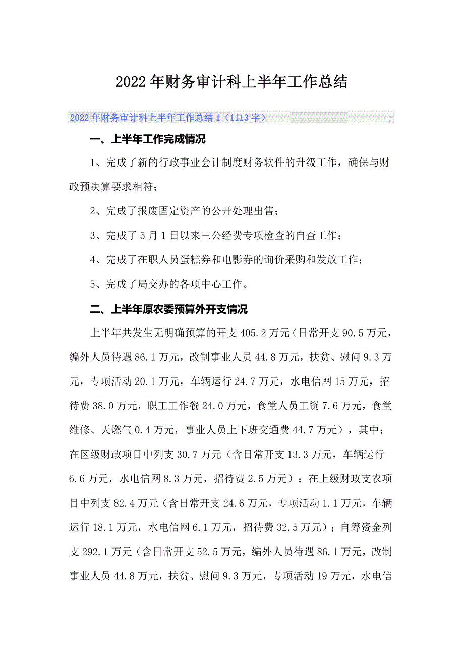 2022年财务审计科上半年工作总结_第1页