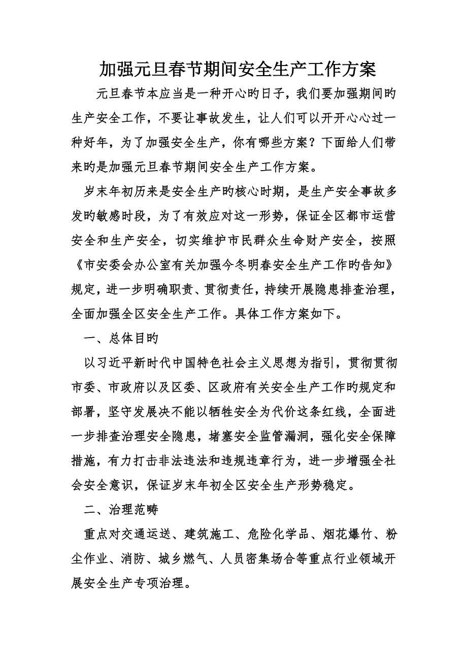 加强元旦春节期间安全生产工作专题方案_第1页