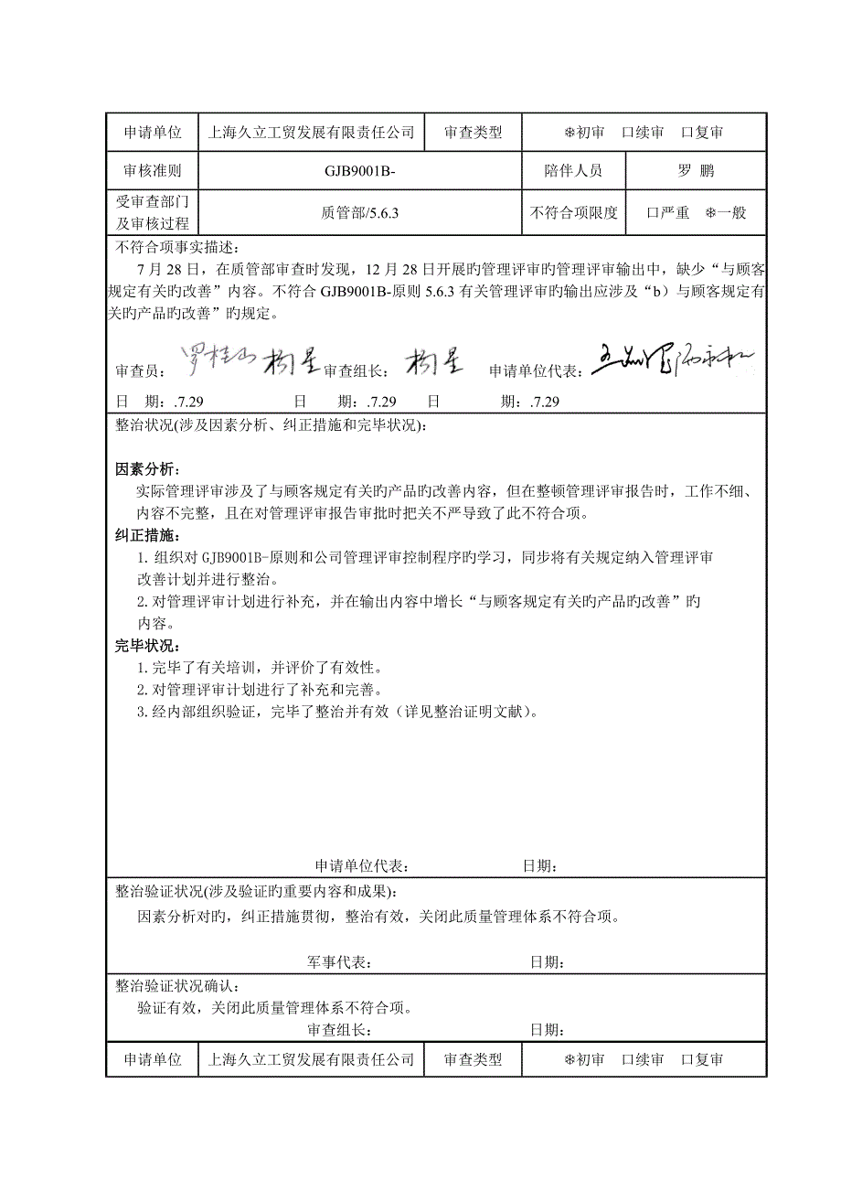 质量管理全新体系不符合项报告_第1页