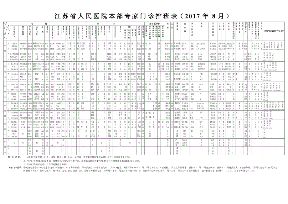 江苏省人民医院本部专家门诊排班表（2017年8月）_第1页