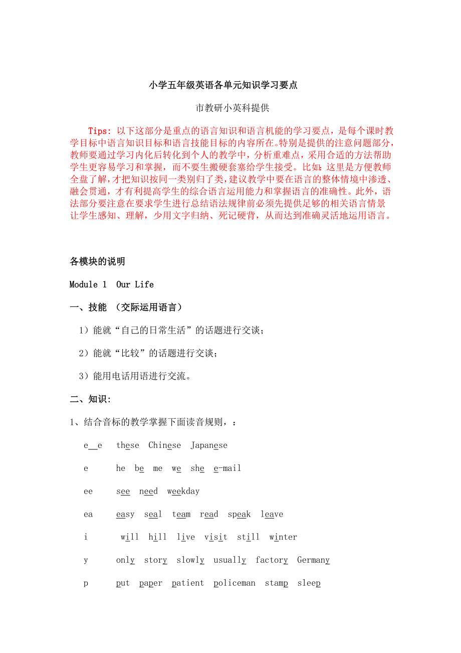 小学五年级英语各单元知识学习要点_第1页