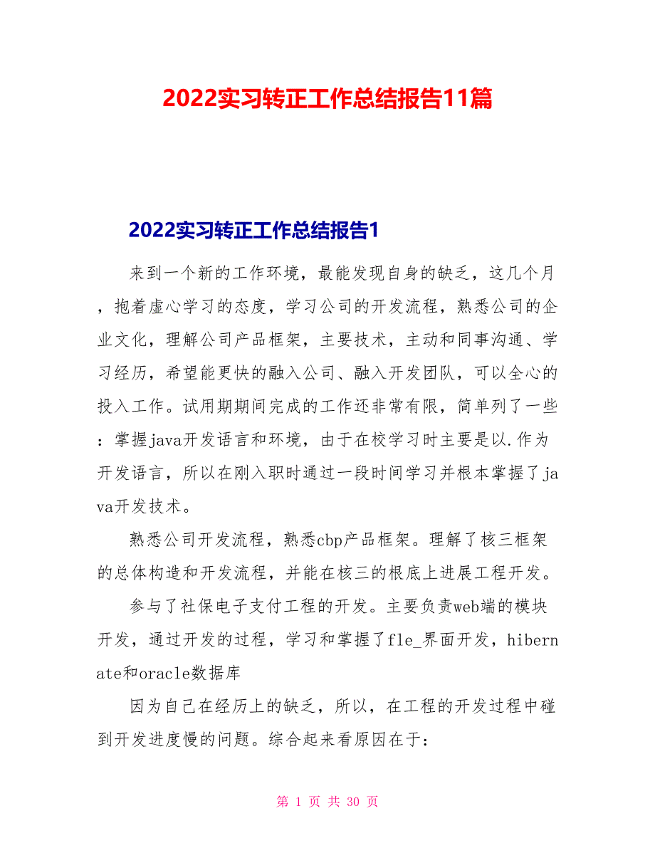 2022实习转正工作总结报告11篇_第1页