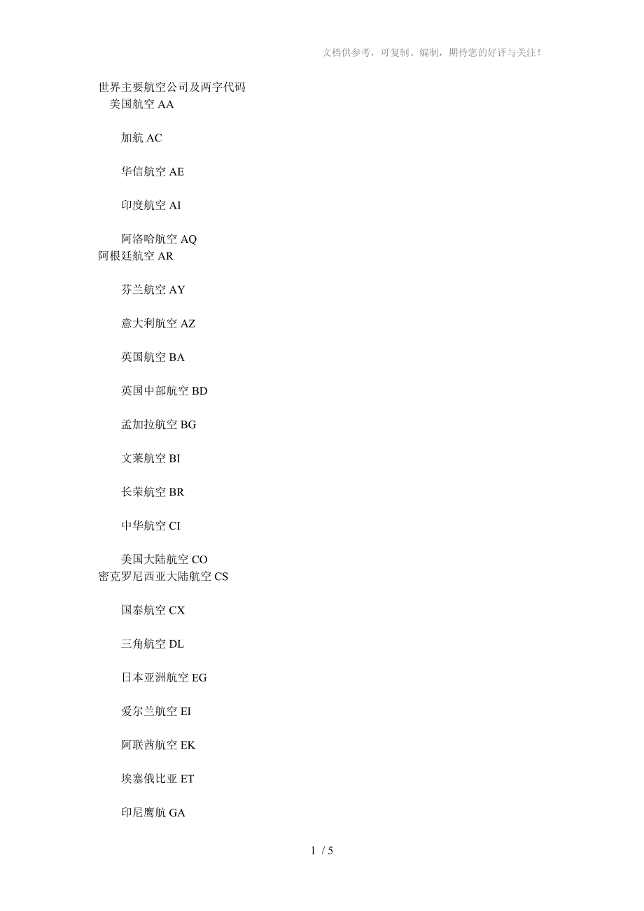 世界主要航空公司及两字代码_第1页