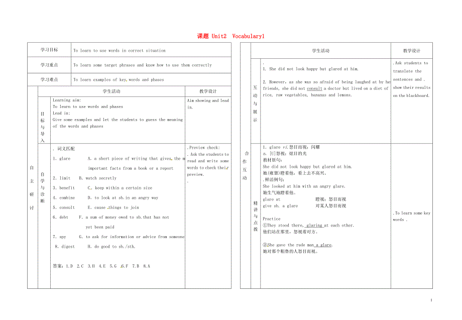 甘肃省金昌一中高三英语 Unit2 Vocabulary1学案_第1页