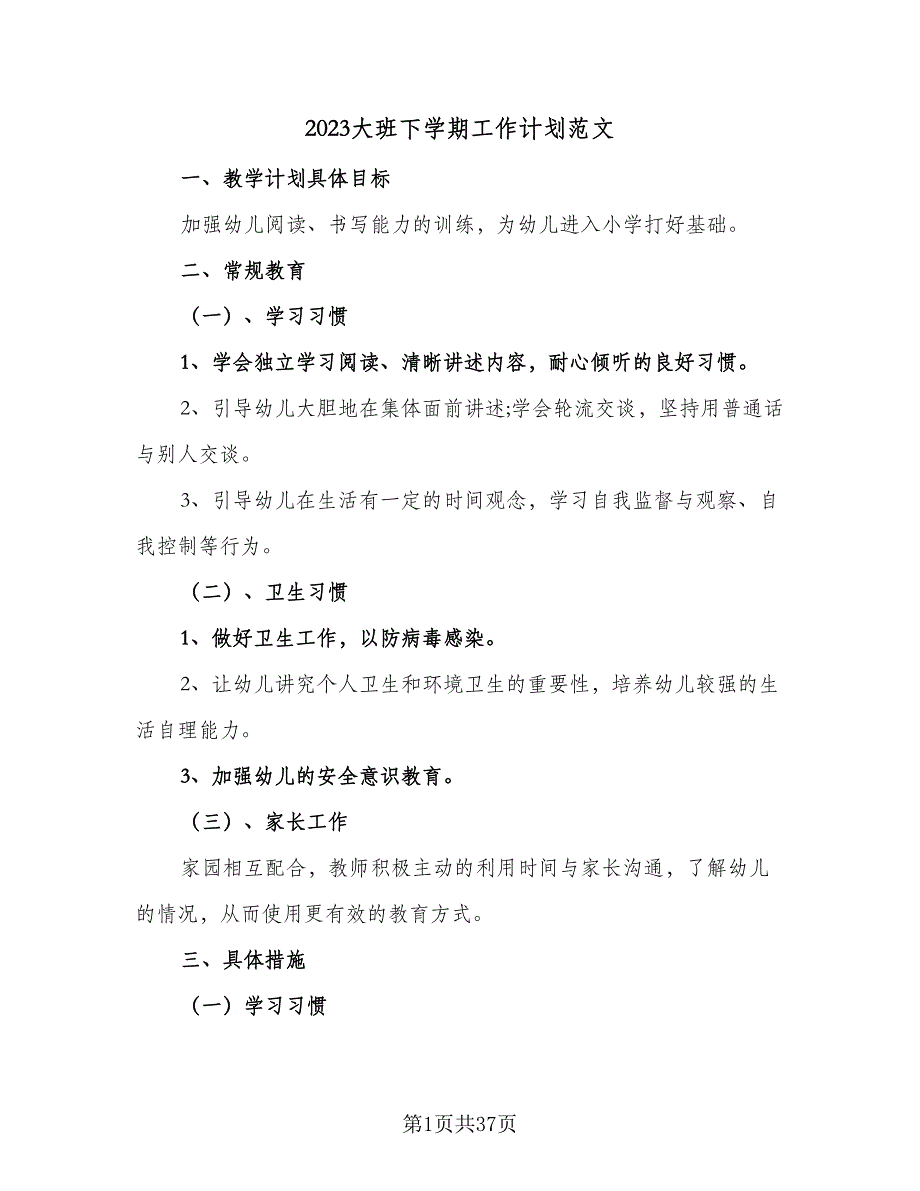 2023大班下学期工作计划范文（9篇）_第1页