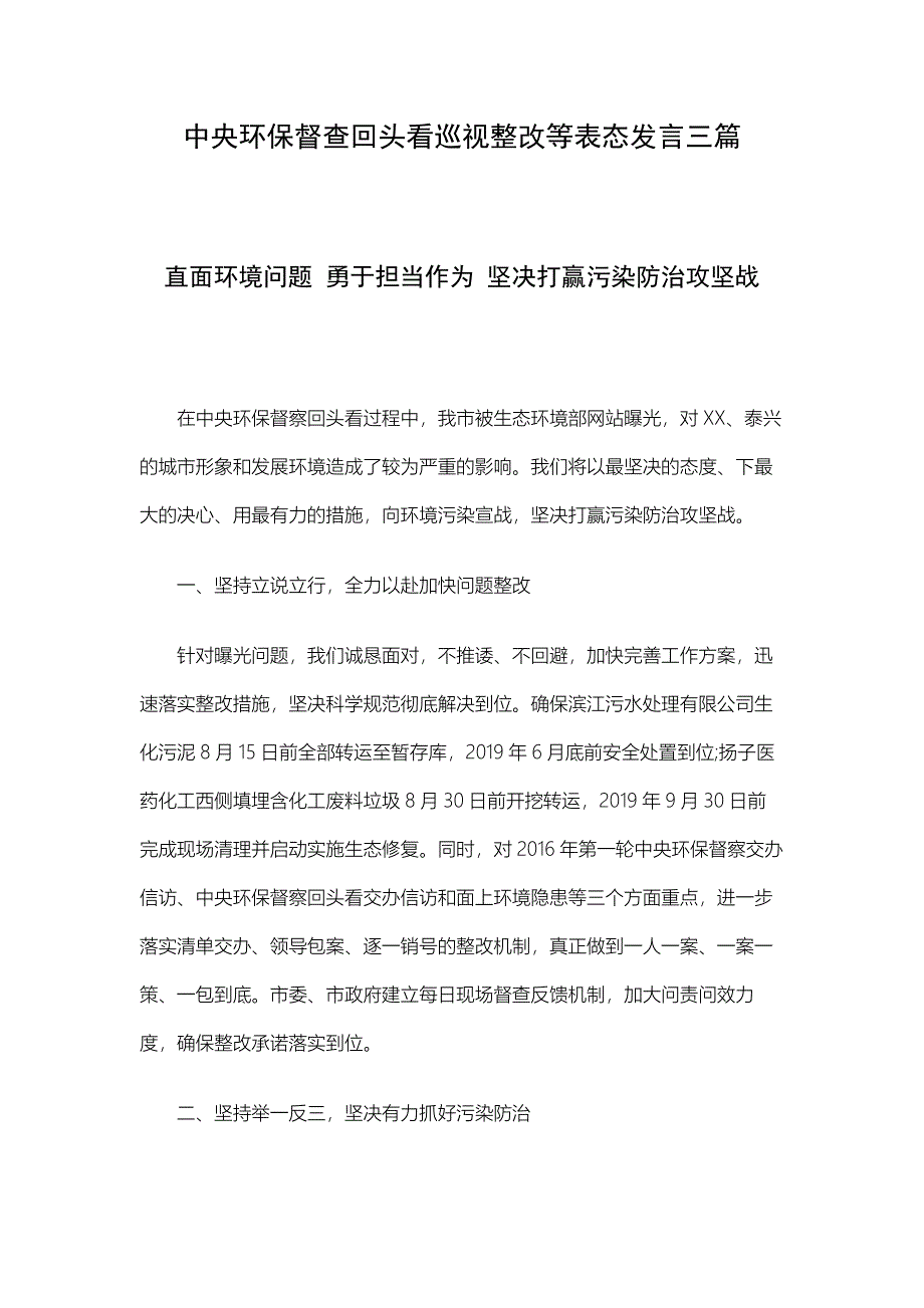 中央环保督查回头看巡视整改等表态发言三篇_第1页