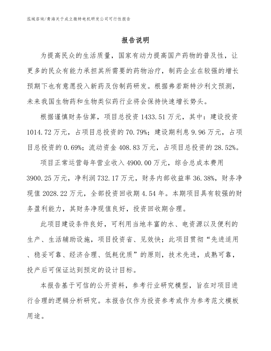 青海关于成立微特电机研发公司可行性报告【范文模板】_第1页