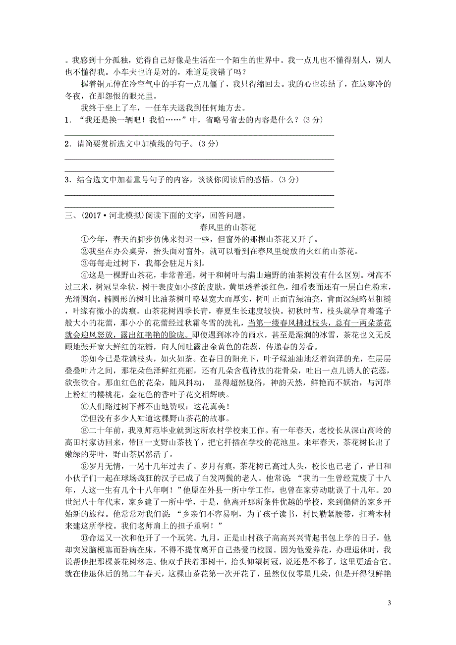 河北省中考语文总复习专题十三记叙文阅读检测04272113_第3页