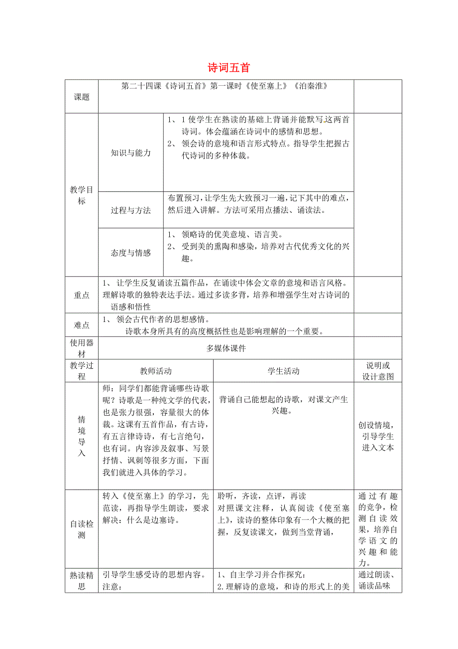 广西中峰乡育才中学九年级语文上册24诗词五首教案语文版_第1页