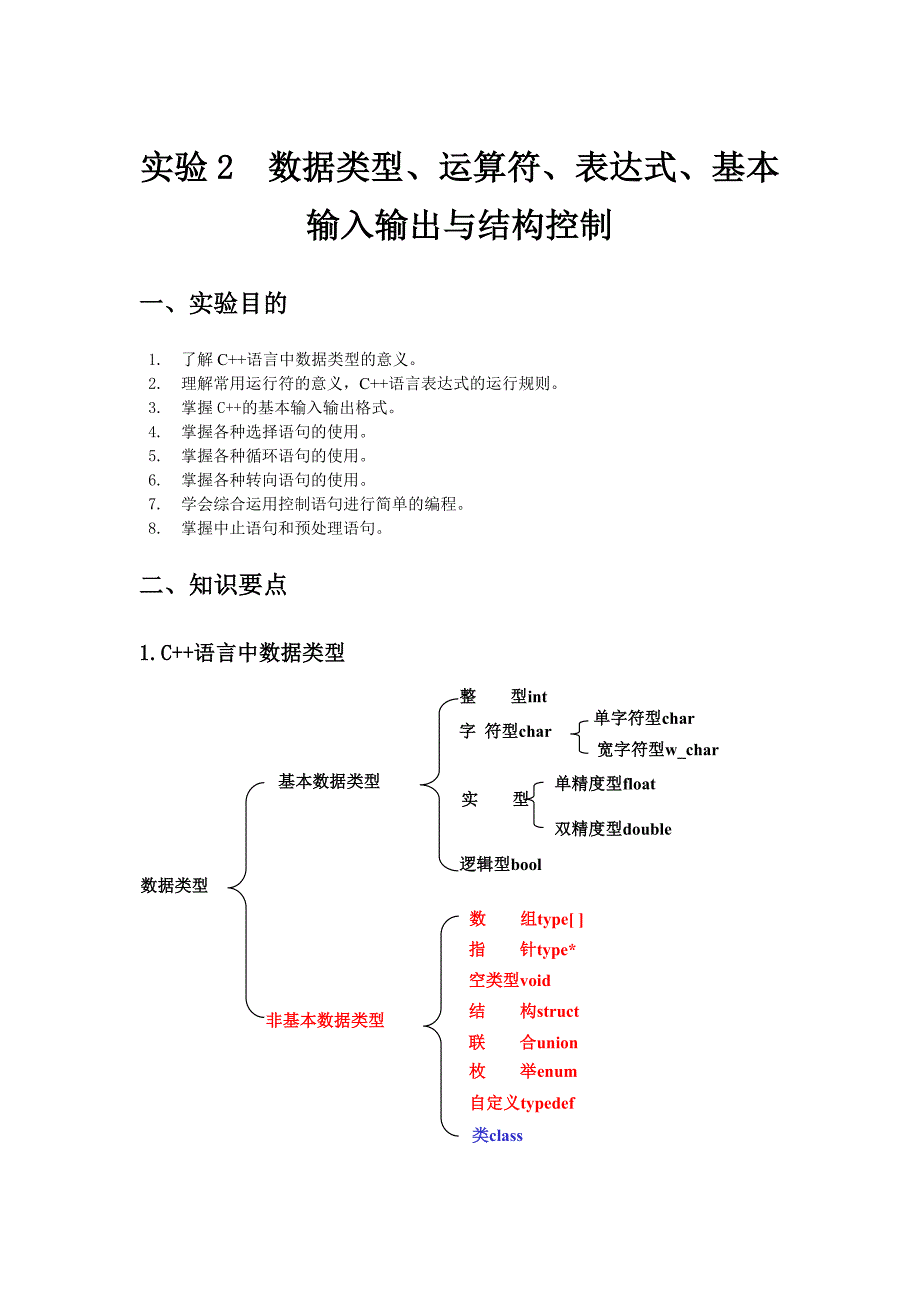 C++ 实验2 数据类型、运算符、表达式、基本输入输出与结构控制(精品)_第1页