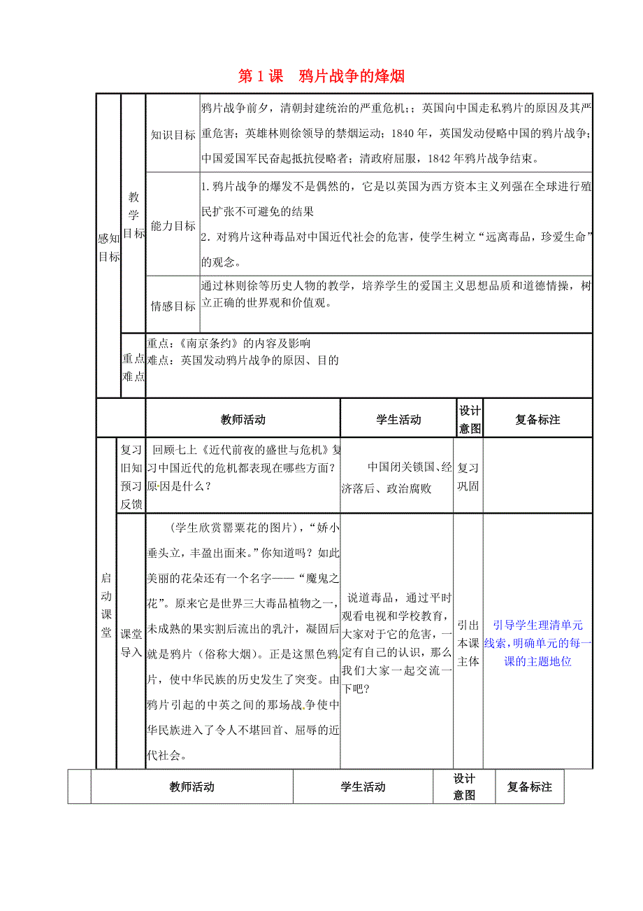 山东省邹平县实验中学八年级历史上册第1课鸦片战争的烽烟教案北师大版_第1页