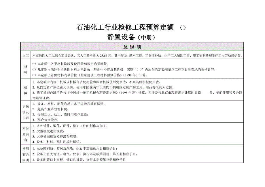 石油化工行业检修关键工程具体预算定额中册说明_第1页